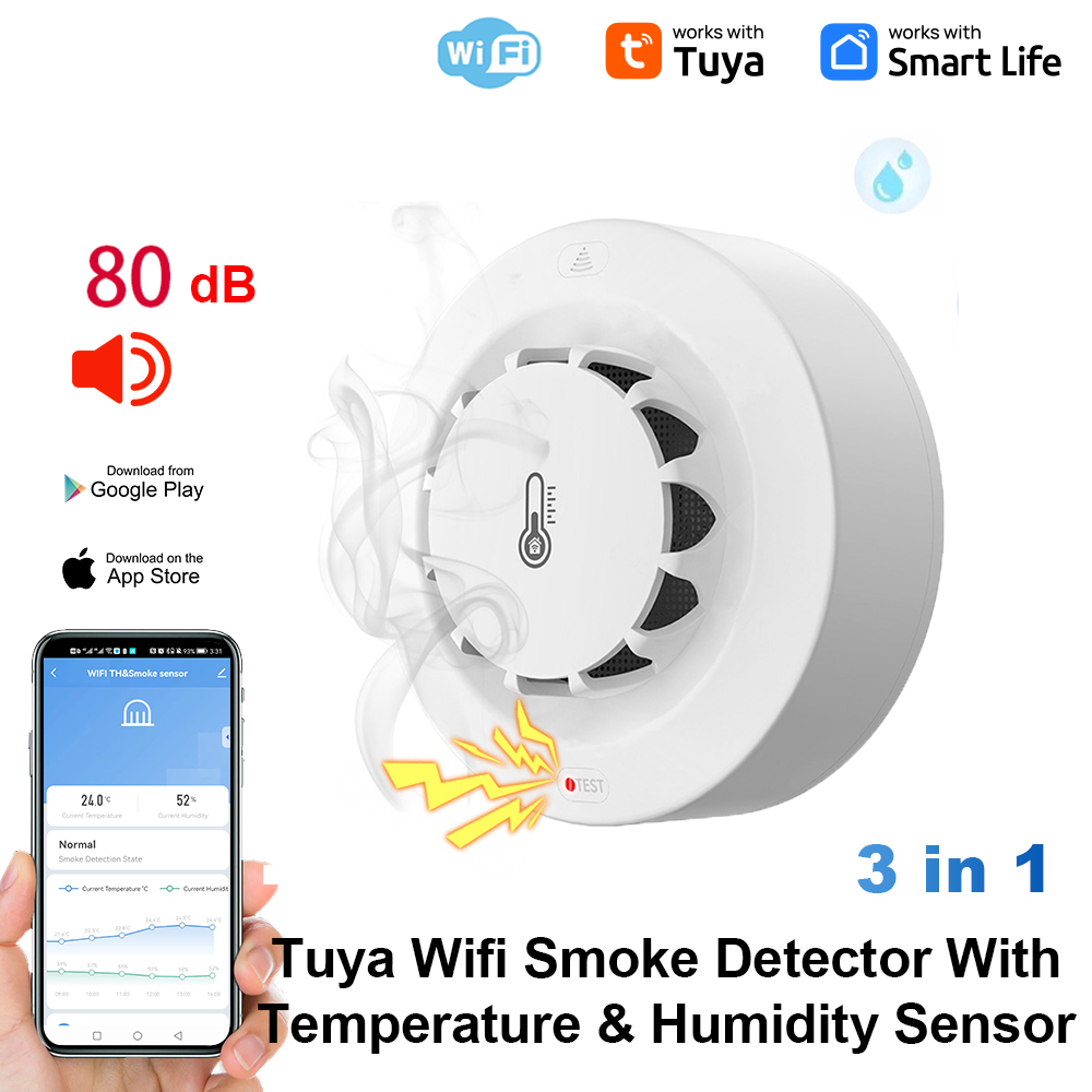 Home Security Alarm - Tuya WiFi 温度と湿度センサー 煙探知機 保護アラーム 煙ハウスコンビネーション