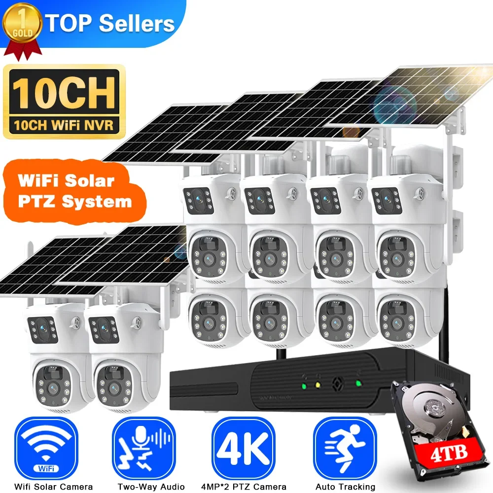Home Security Panel - ソーラーcctvカメラシステム,デュアルレンズ,nvrキット,ワイヤレス,双方向オーディオ,ptz,ipセキュリティ,ビデオ監視セット,Wi-fi,4k,8mp,10ch