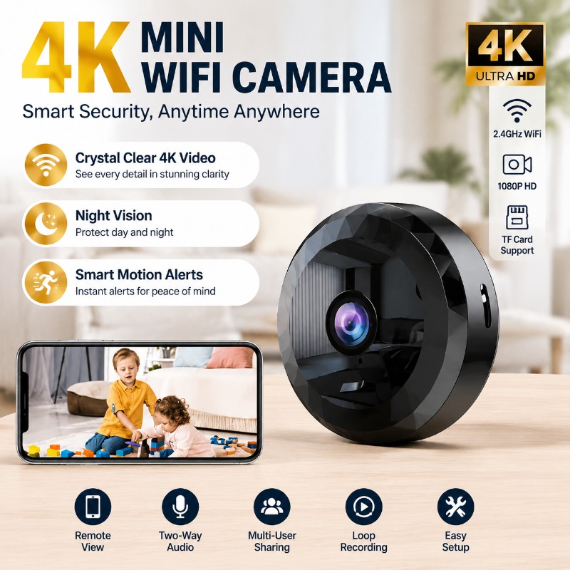 Home Security Ai - 4KミニWiFiカメラ ワイヤレスセキュリティHDベビーモニター ナイトビジョン 1080P AIホームカムコーダー 2.4GHz