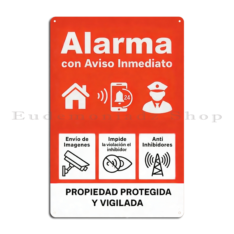 Home Security Alarm - レトロ 24 時間警報システムメタルサインプラークヴィンテージスペインセキュリティ装飾アイコン付きレッドホームプレートブリキサインポスター