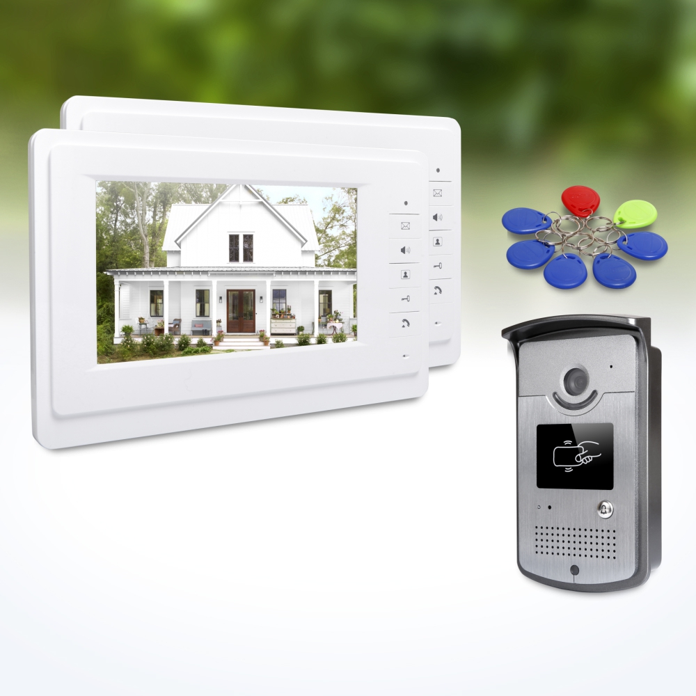 Home Security Video Cameras - 1台の屋外カメラ、2台の屋内モニター、7インチビデオドアホンインターホン、キーフォブ、RFIDロック解除、ミュートモード、有線ホームセキュリティシステムキット