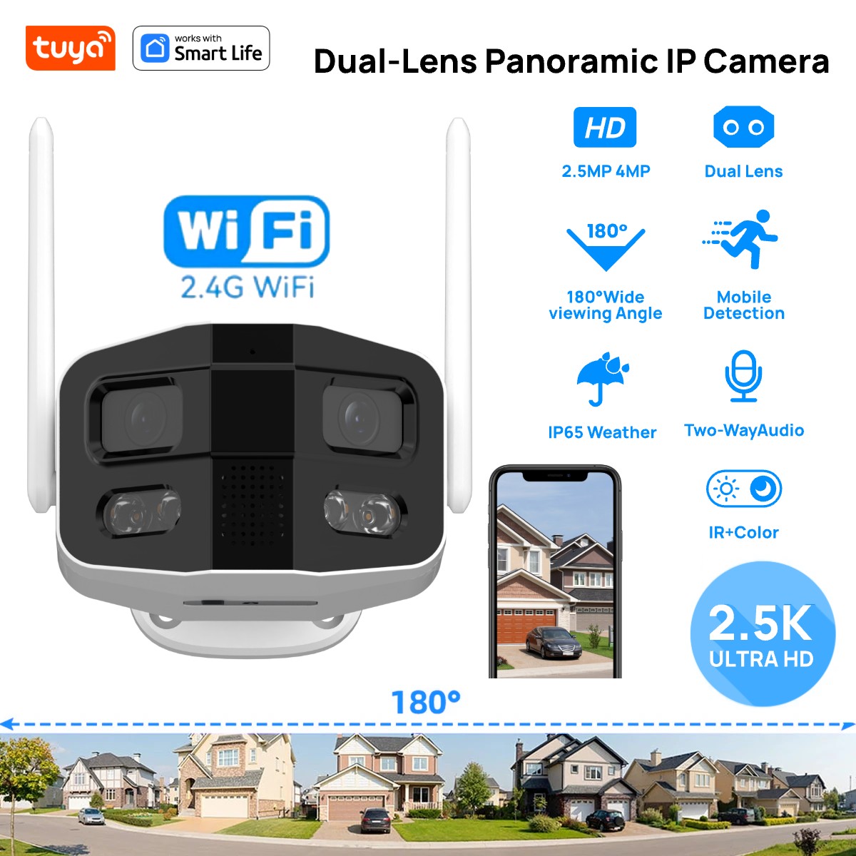 Home Security Camera Xiaomi - Tuya Smart 4MP 2.5K デュアルレンズ ラージワイド
