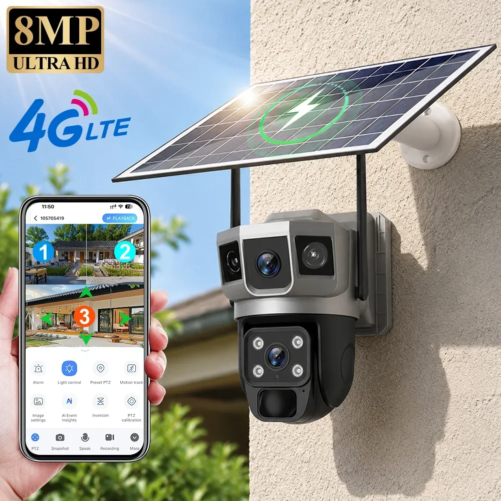 Home Security Ai - V380 4K 3画面 4Gカメラ ソーラーバッテリー PIR